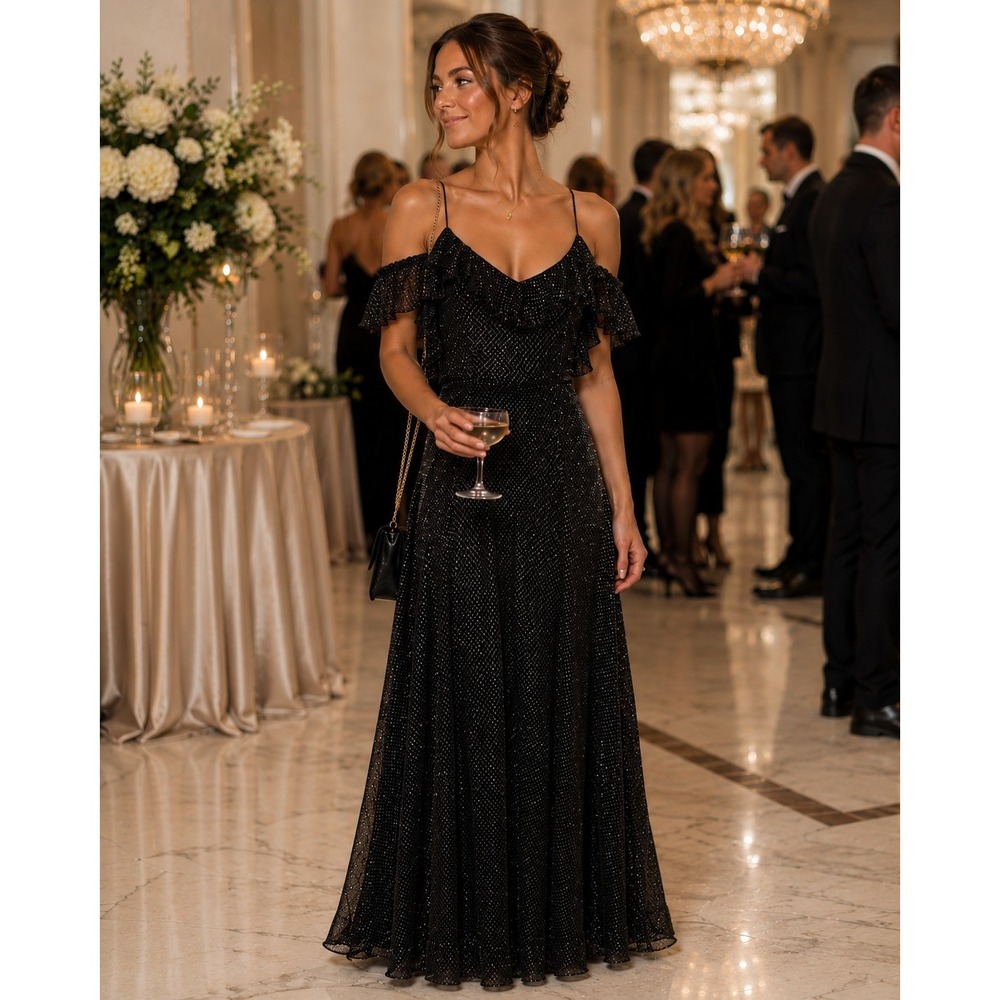Alexa B Black Silver Glam Off The Shoulder Ruffle Dressy Maxi Dress Size 14P